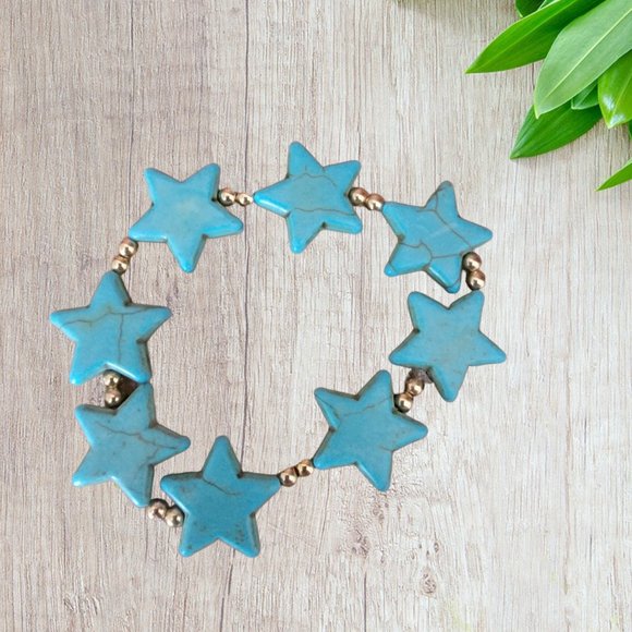 Hand Crafted Jewelry - Star Shaped Turqouise Stoned Stretch Bracelet - New - Handmade
